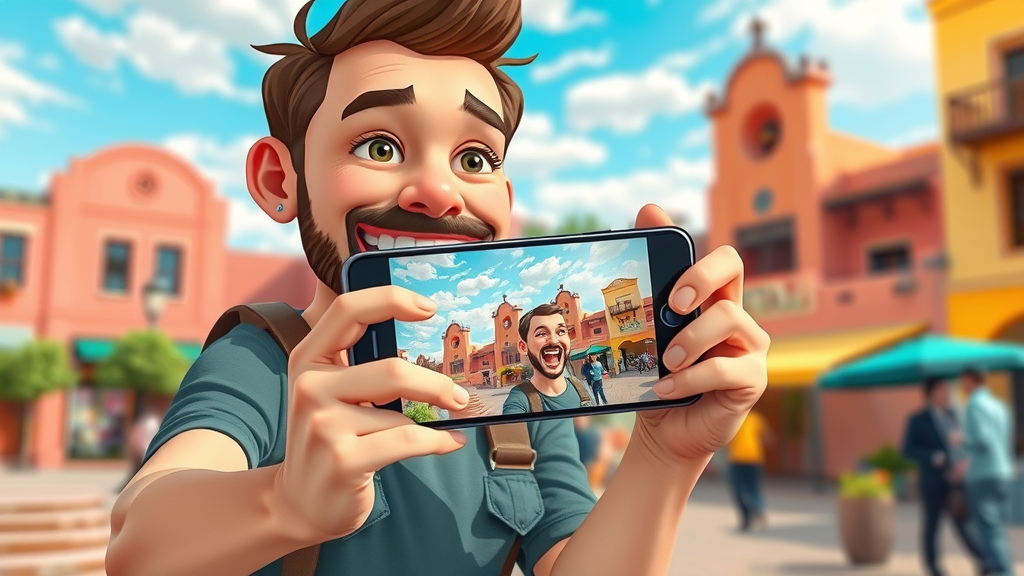 enthusiastic influencer recording local business social media marketing Albuquerque Old Town vibrant square animated icons expressive feature