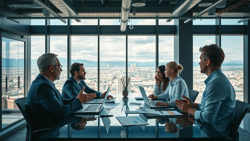 digital marketing consultation, Albuquerque small business owners, conference room with city view, business charts, highly detailed