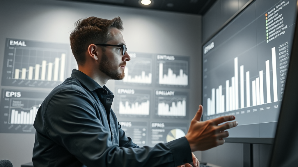 analyst reviewing email marketing KPI dashboard for small business