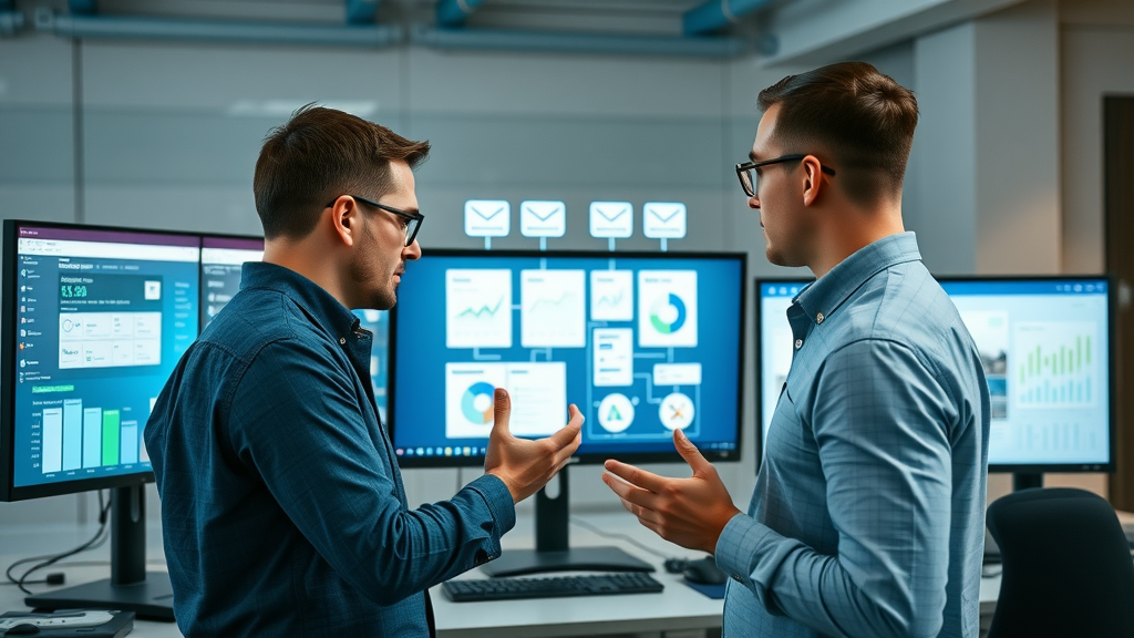 vibrant workflow diagram of email automation tools in action, marketers examining digital displays