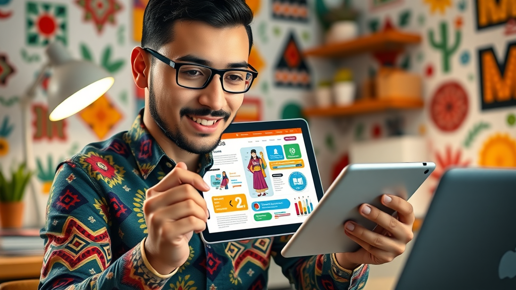 Mexican small business owner designing colorful mobile-friendly website for Albuquerque audience, local SEO focus