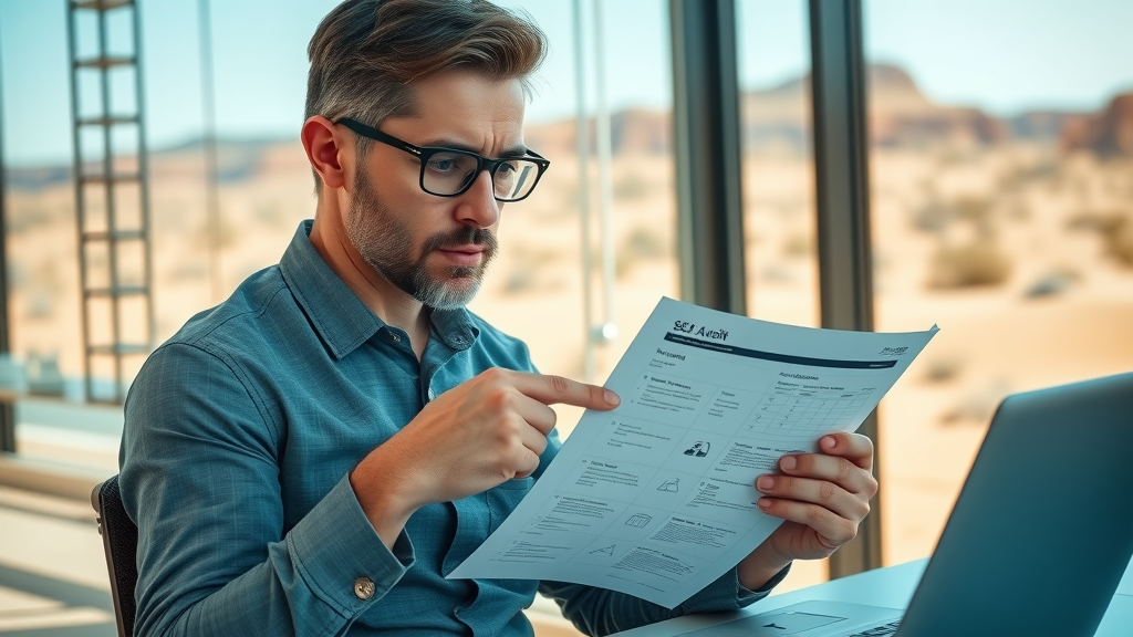 Focused marketing consultant reviewing SEO audit report pointing to technical checklists for Albuquerque small business in modern office setting