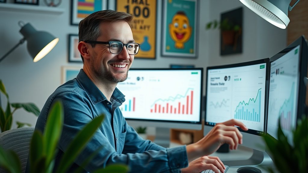 marketer analyzing A/B test results for email marketing campaign performance, dual monitors, charts, analytics