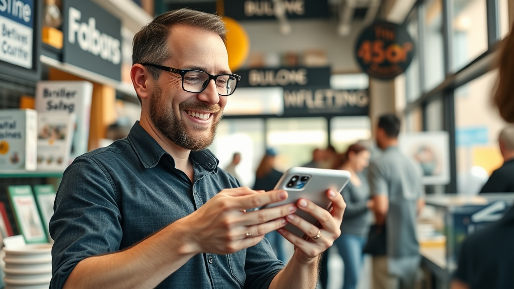 small business owner delighted by increased social media engagement, retail store, marketing success, customers, bright sunlight