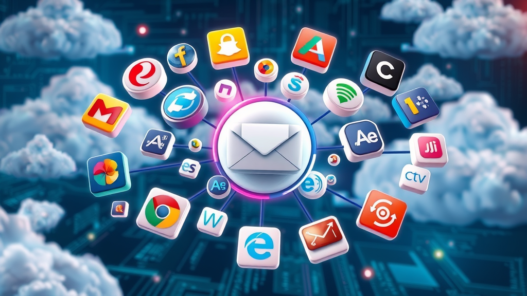 interconnected software logos orbiting central email automation tool