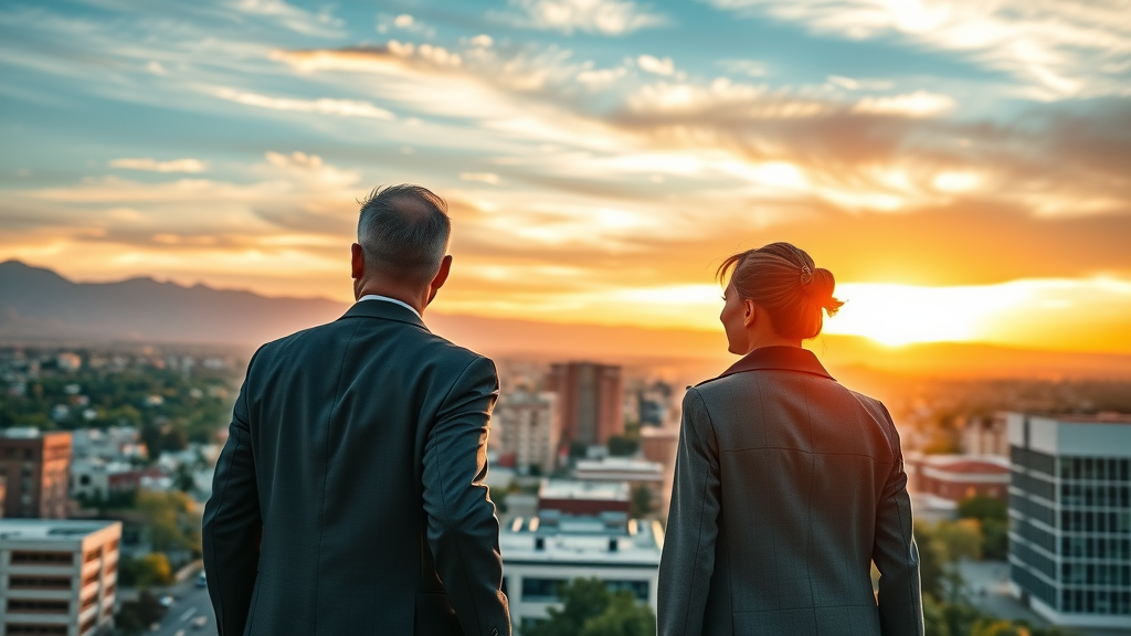 Vibrant Albuquerque skyline at sunrise with business owners confidently gazing over the city, local SEO Albuquerque opportunities