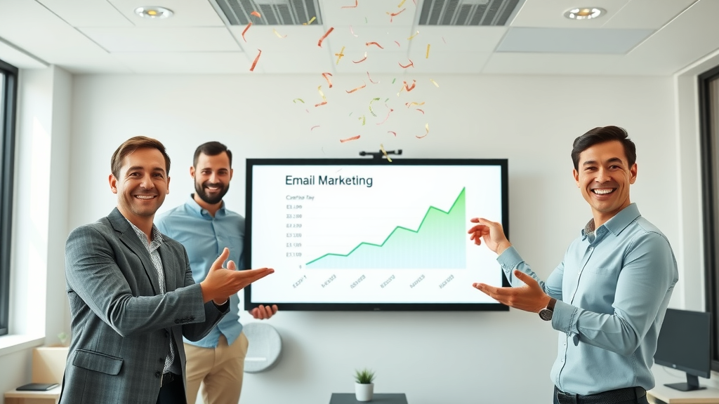Confident small business team presenting growing revenue chart after email marketing success in bright office - email marketing wins