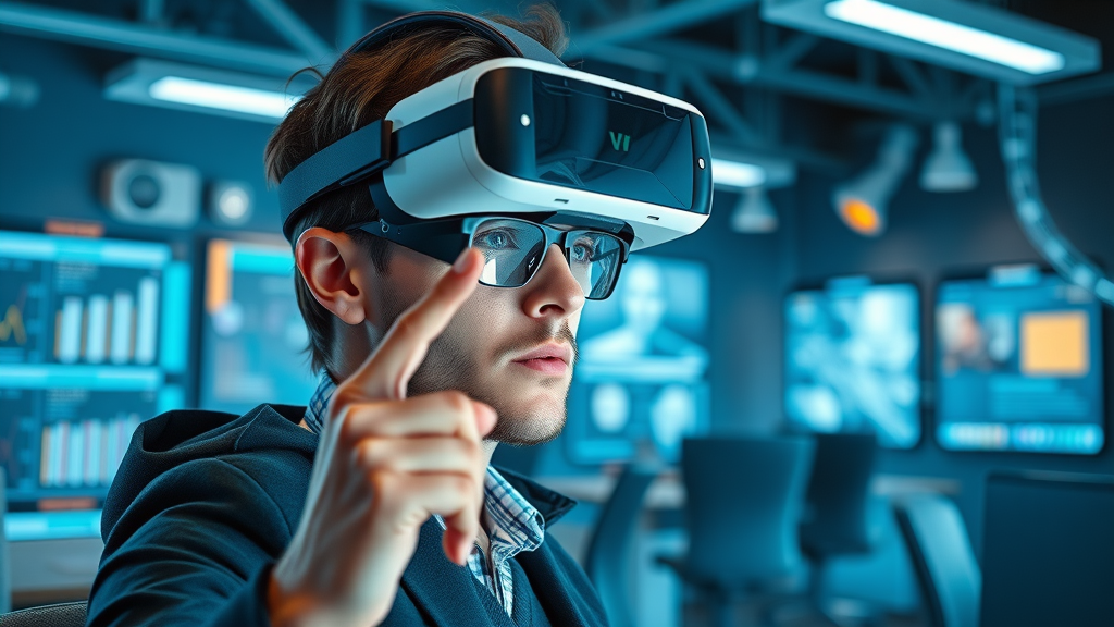 digital marketer using AR/VR headset visualizing future media content trends, content creation tips