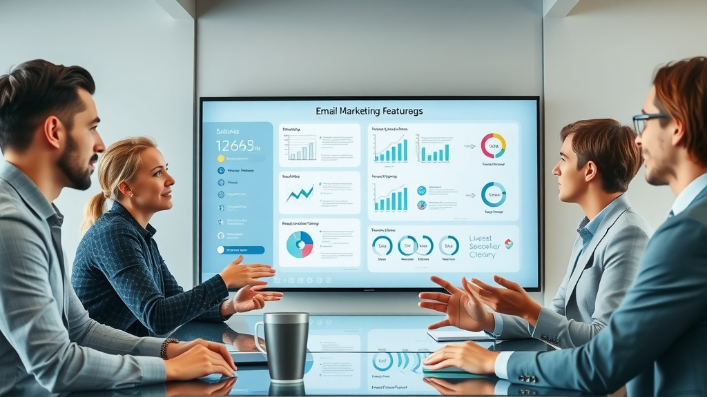 modern team reviewing key email marketing features, segmentation, automation, marketing software, interactive board