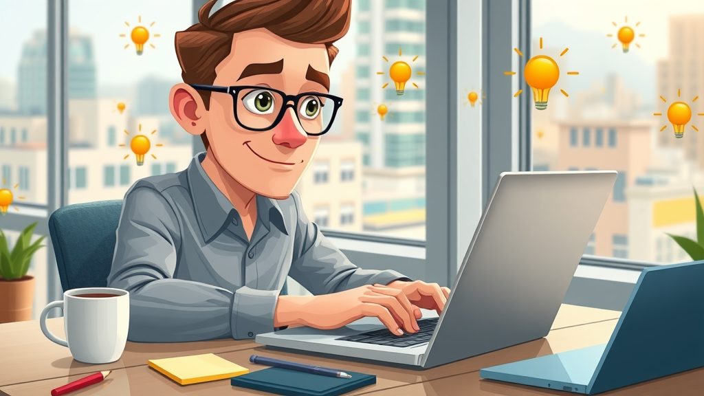 marketer brainstorming compelling subject lines for email campaign, laptop with idea sparks, sticky notes, morning light