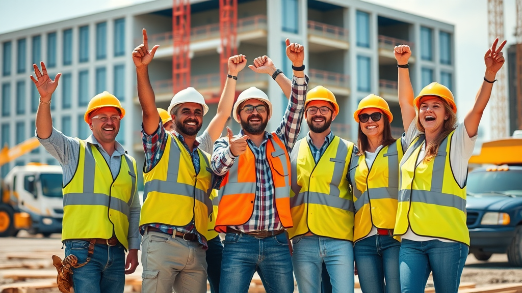 Triumphant construction team celebrating successful construction lead generation at project site