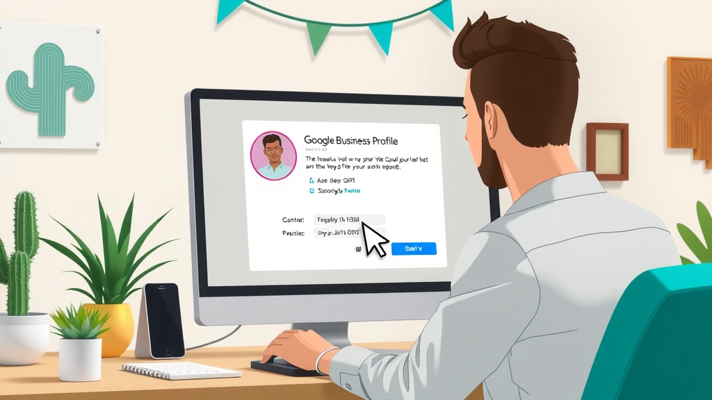 detailed computer screen showing Google Business Profile setup wizard, engaged user, following steps, 2D Cartoon, light inviting workspace with New Mexico-themed decorations, highly detailed, mouse pointer hovering over verification section, neutral colors with turquoise accents, bright soft lighting, shot with a 28mm lens. Main Keyword: Google Business Profile in Albuquerque