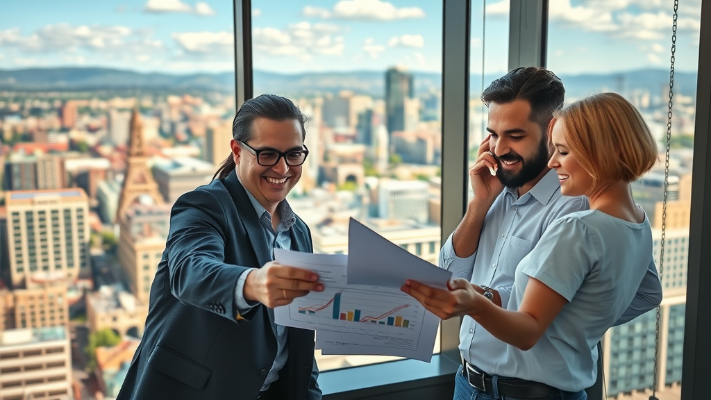 dynamic downtown Albuquerque cityscape, business owners optimizing PPC advertising Albuquerque, marketing data analysis in urban office