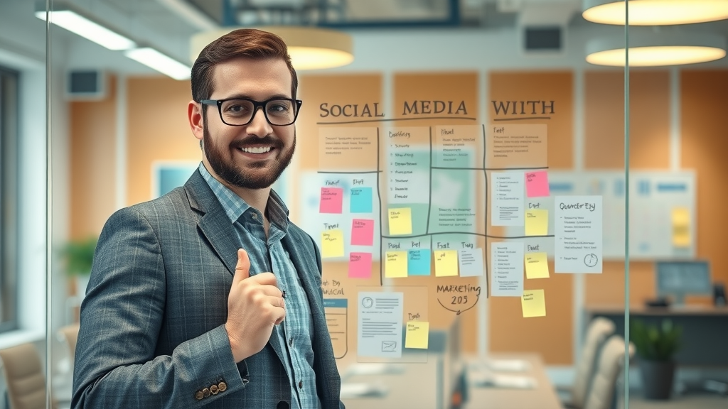 confident modern Albuquerque marketing strategist mapping social media marketing plan media strategy conference room glass board
