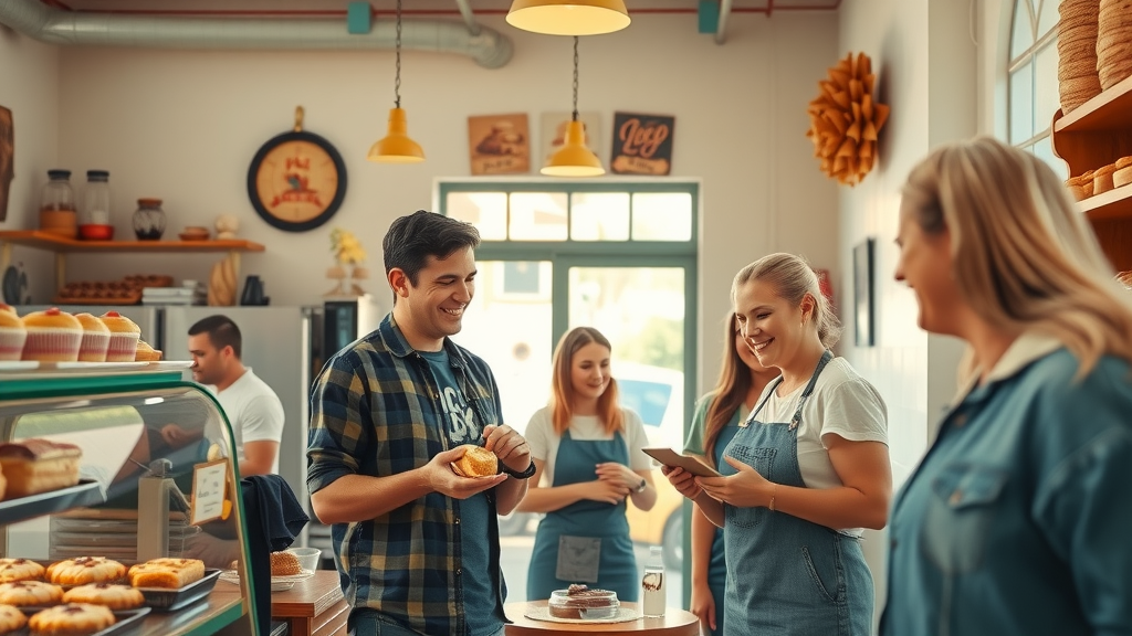 inspiring scene of a local Albuquerque bakery, delighted customers, exploring pastries, Photorealistic High Fidelity Lifelike, bright Southwest-style bakery interior, highly detailed, showcases colorful baked goods and positive energy, pastel color scheme, mid-morning sunlight, shot with a 24mm lens. Businesses in Albuquerque digital marketing