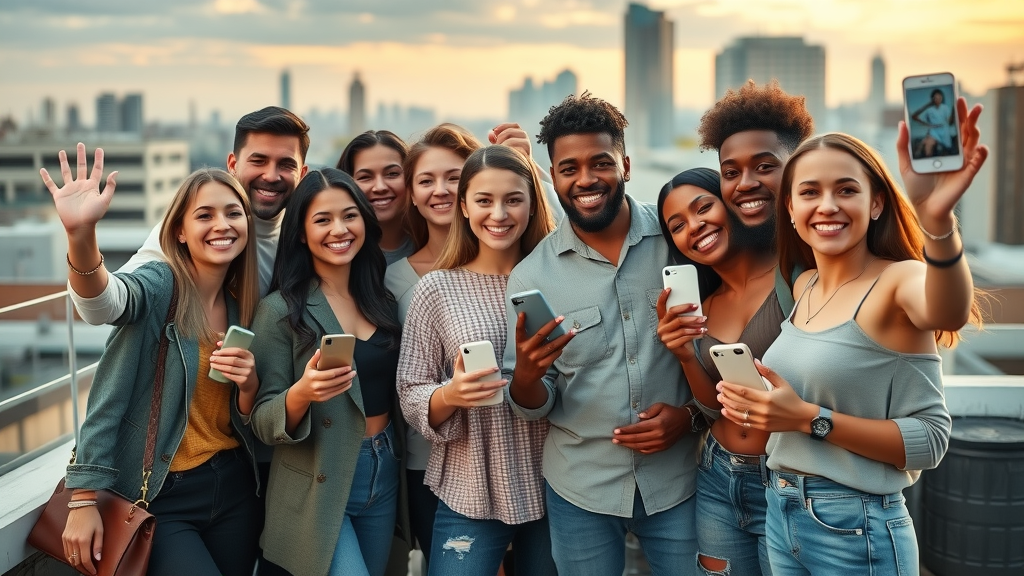 Micro-influencers collaborating with a small business owner to grow social media engagement small business on an urban rooftop