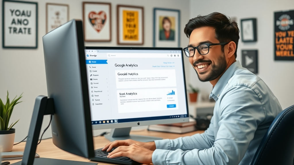 Business owner setting up Google Analytics on a computer in tidy office
