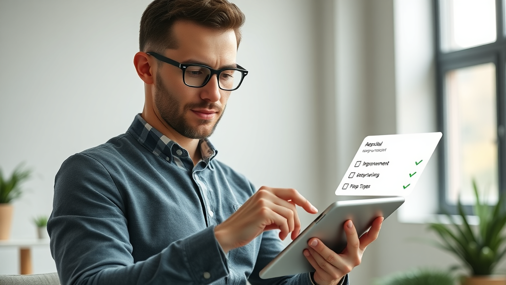 Resourceful business owner making real-time email campaign improvements on tablet in airy office - quick fixes for email marketing