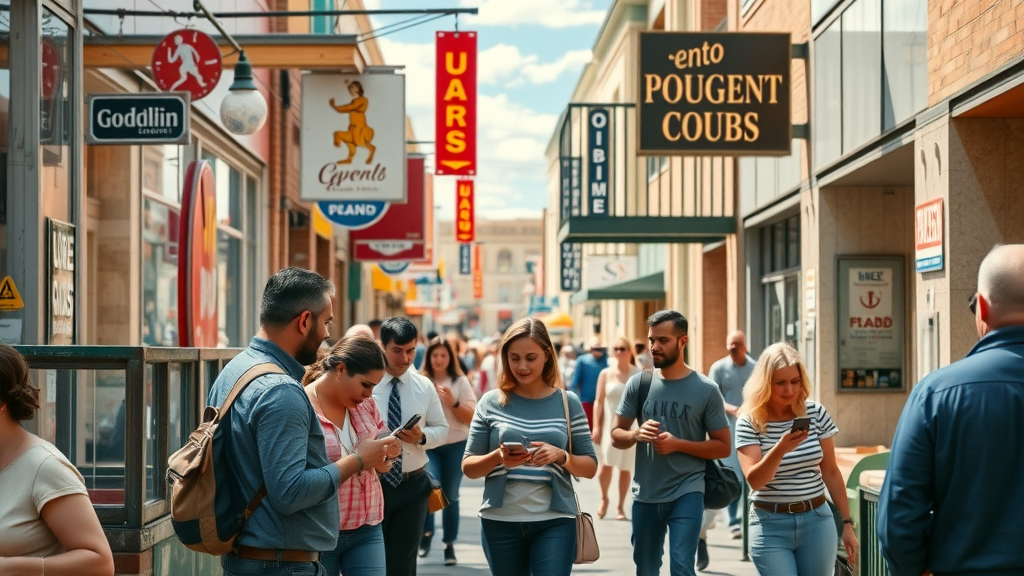 Vibrant Albuquerque business district with business owners and customers employing content marketing Albuquerque strategies