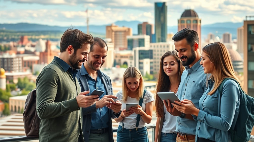 Vibrant Albuquerque cityscape with entrepreneurs collaborating for social media marketing Albuquerque