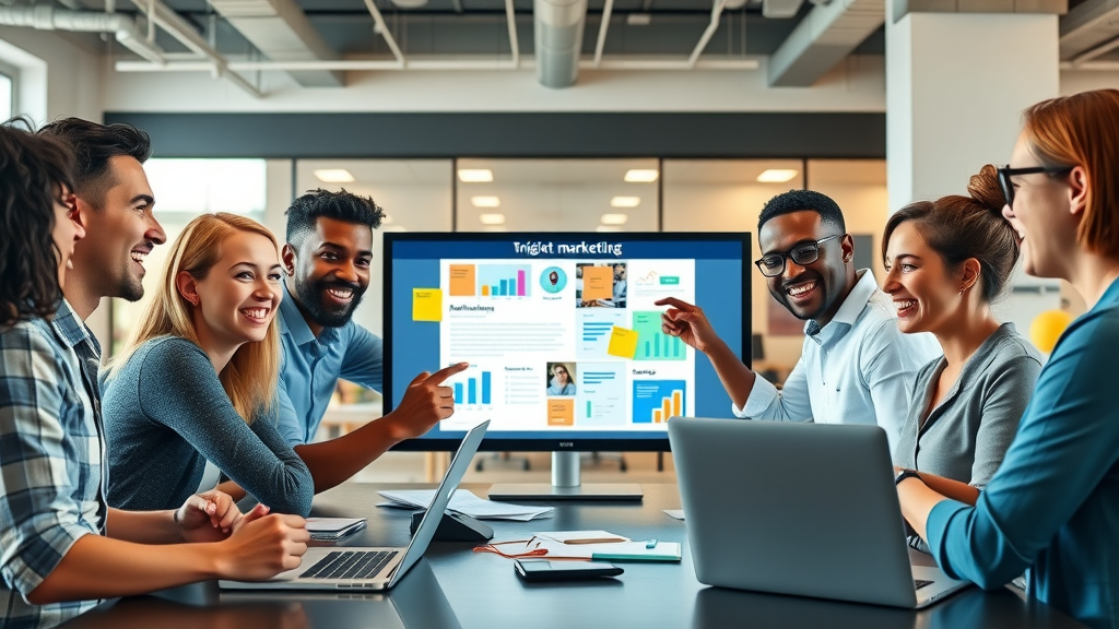 diverse small business team brainstorming content strategy, digital marketing on screen, open office, sticky notes, laptops, colorful and modern