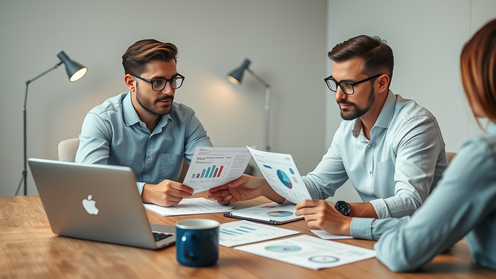 Small business owners comparing different SEO tool features at a meeting table