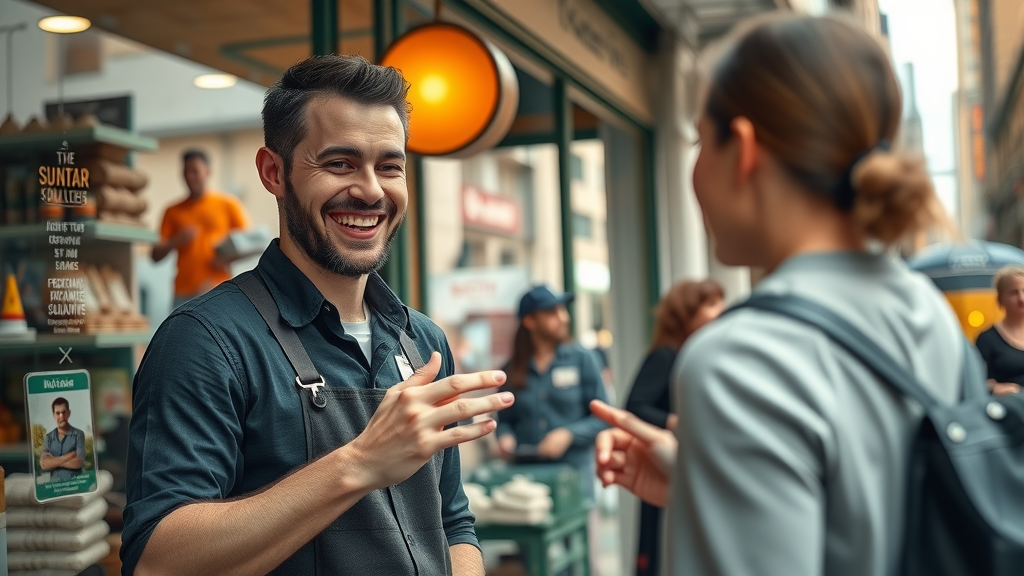 vibrant small business storefront with owner and customer, SEO strategies for small businesses