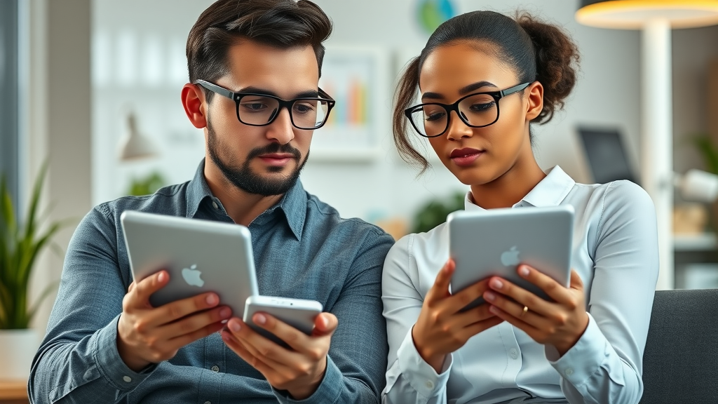 Modern small business owners analyzing trending data on multiple device screens for social media platforms for small business