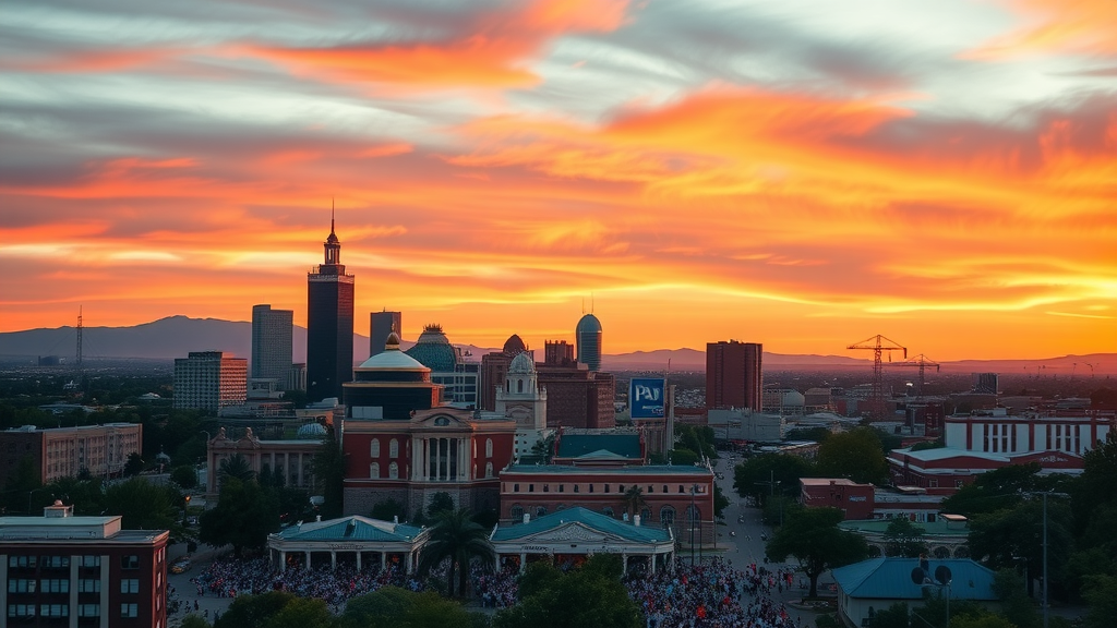 Albuquerque skyline with social media marketing icons, vibrant sunset representing digital marketing energy and community, social media marketing Albuquerque