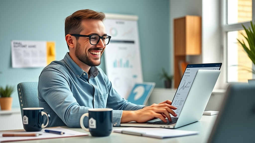 Enthusiastic small business owner analyzing email marketing analytics on laptop in modern workspace - email marketing for small business