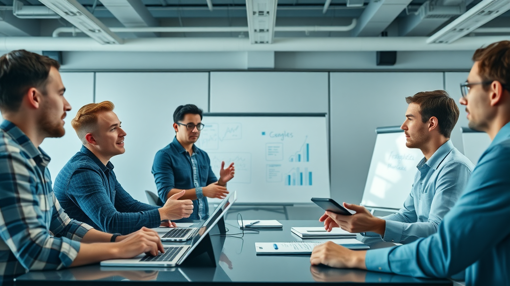 Small business leaders discussing new marketing strategies in a meeting. Adapting small business marketing tactics.