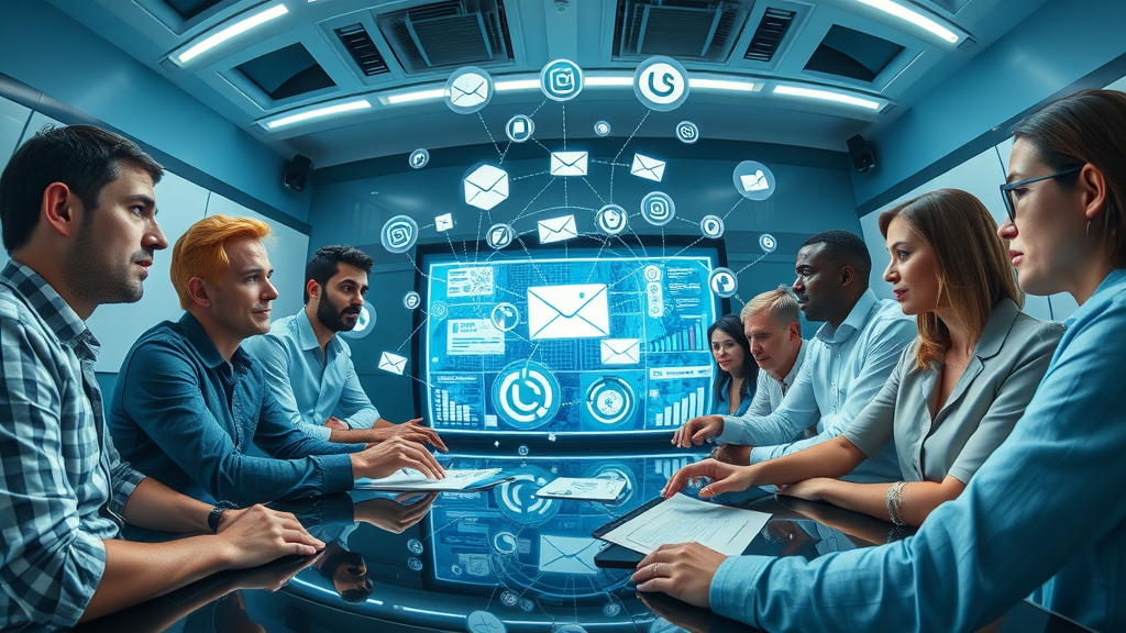 Diverse team of marketers strategizing integration of email, social media, and analytics for small business in futuristic meeting room