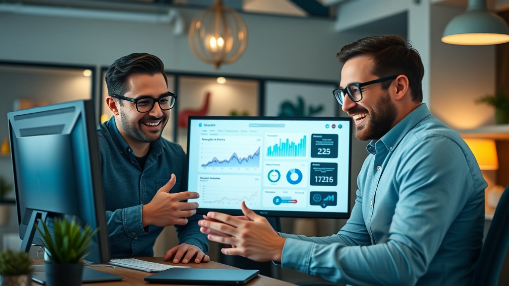 inspiring Albuquerque marketing team analyzing social media campaign data digital dashboard social media marketing Albuquerque office décor charts