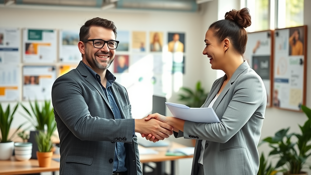 Confident small business owner shaking hands with marketing agency expert in an Albuquerque office