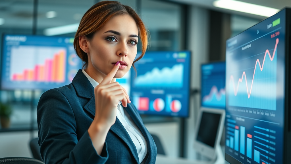 businesswoman analyzing email marketing ROI performance dashboard with upward-trending charts in a modern office