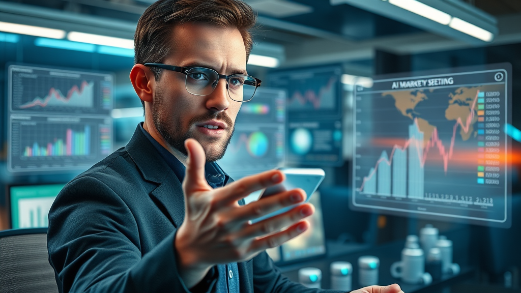 visionary marketer envisioning future of AI-driven email marketing software, holographic analytics, futuristic office