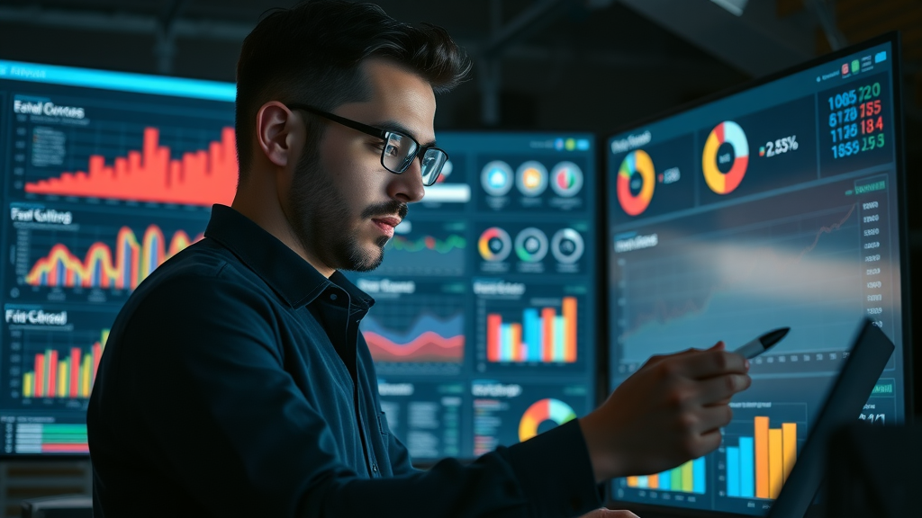 Data-driven marketer reviewing personalized email success dashboard, graphs and metrics, digital screens with colorful data highlights