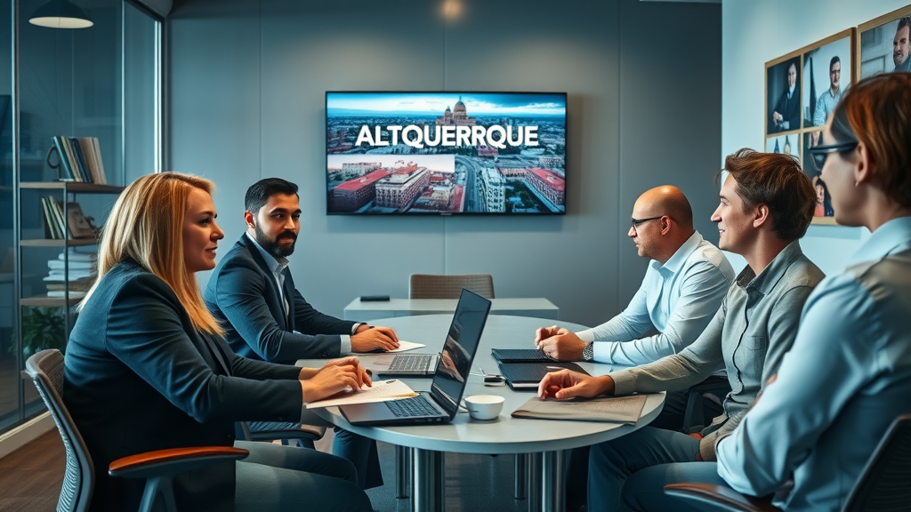 local Albuquerque business meeting with marketing agency discussing creative digital marketing strategies in a modern boardroom